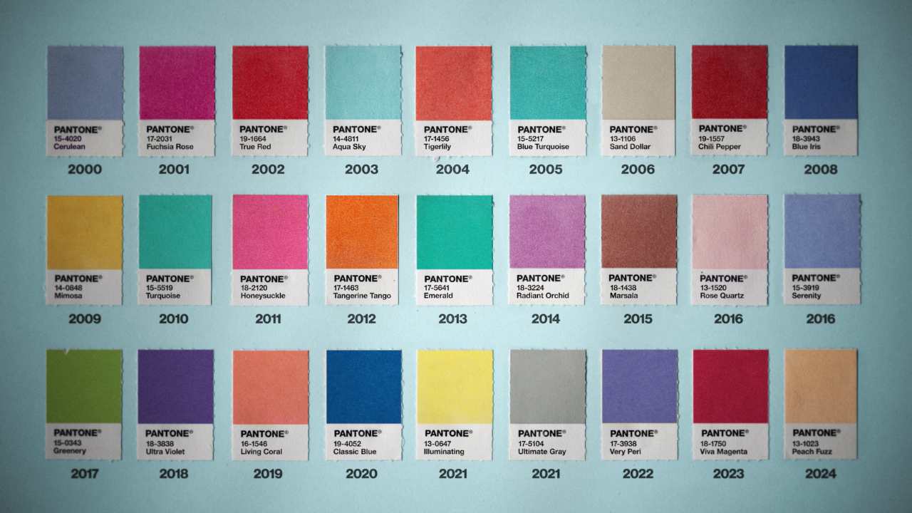 sheet of various Pantone colours and codes